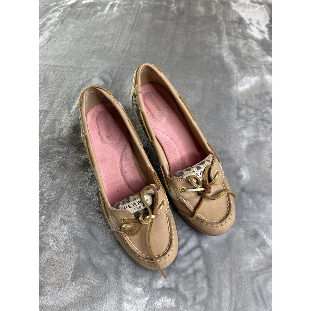 Sperry TopSider Goldfish Boat Shoes Wedge Heels Tan 8M Leopard Leather Sequin